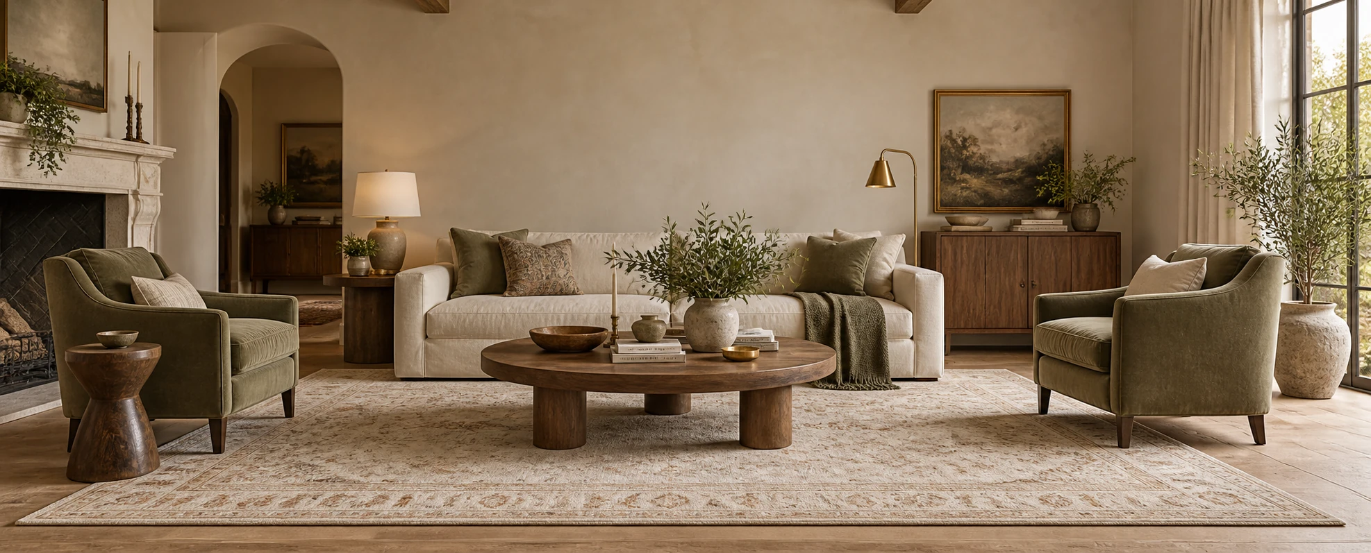 Organic modern living room with a cream sofa, olive velvet armchairs and a pale vintage rug running under the front legs of every seat.