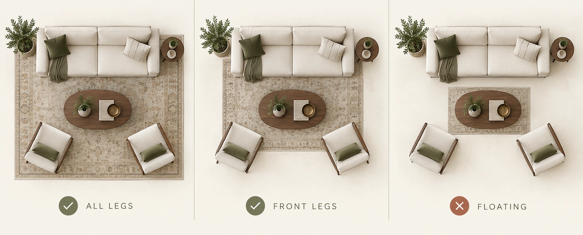 Three overhead plans of the same living room labeled all legs, front legs and floating, with the floating rug marked as the mistake.