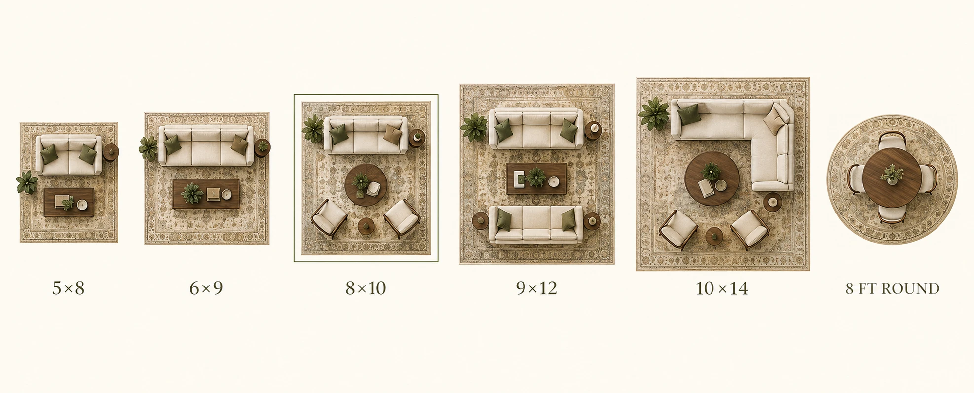 Six overhead rug plans side by side: 5 by 8 for a loveseat, 6 by 9 for a compact room, 8 by 10 for most living rooms, 9 by 12 for a large room, 10 by 14 for a sectional, and an 8 foot round.
