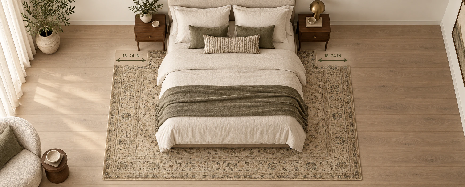 Bedroom with the rug starting below the nightstands and extending 18 to 24 inches past the sides and the foot of the bed.