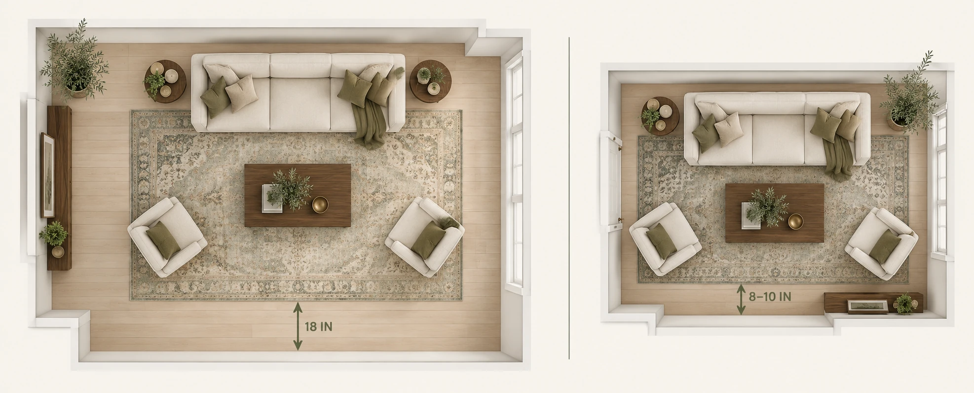 Two overhead floor plans side by side: a large room leaving 18 inches of bare floor, and a small apartment leaving only 8 to 10 inches with a bigger rug.