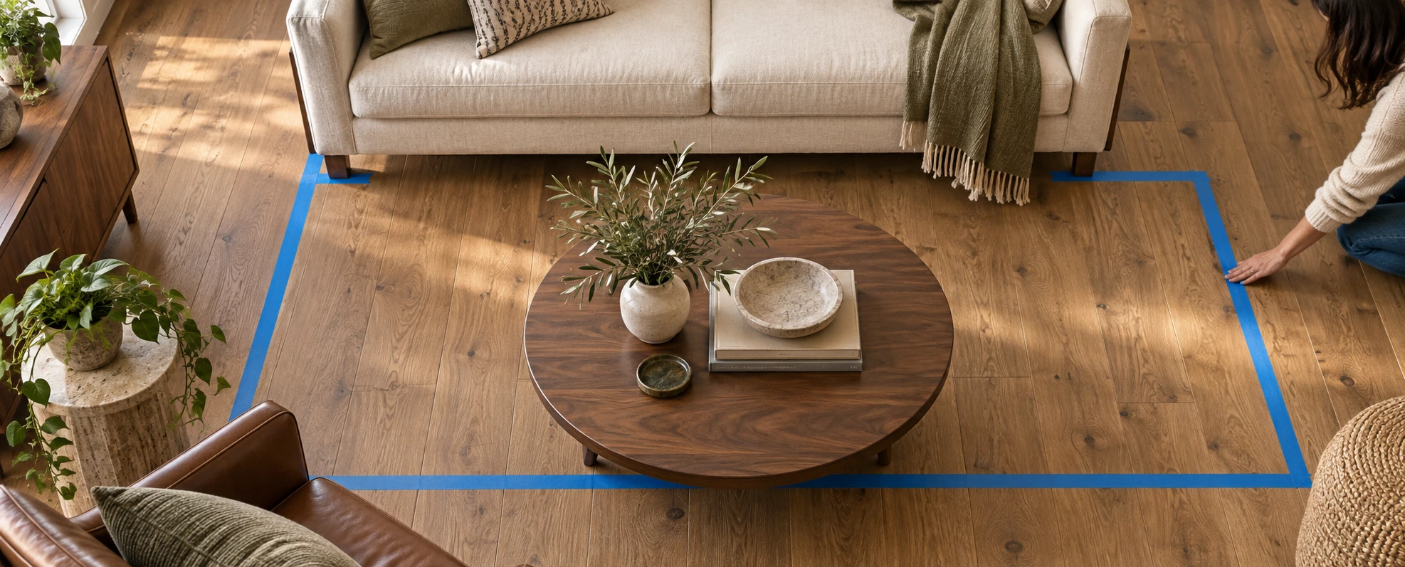Overhead view of a living room floor with blue painter tape marking the exact footprint of a rug, and a hand pressing down the last strip.