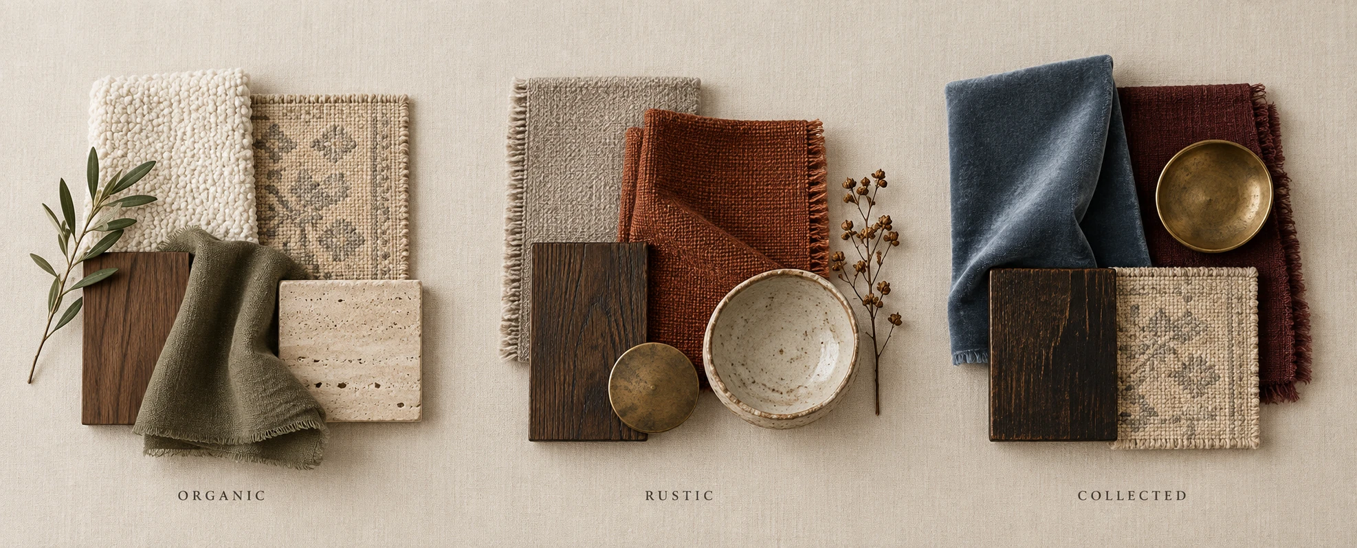 Flat lay of three material palettes on linen labeled Organic, Rustic and Collected: cream boucle with olive and walnut, gray weave with rust and dark oak, dusty blue velvet with oxblood and brass.