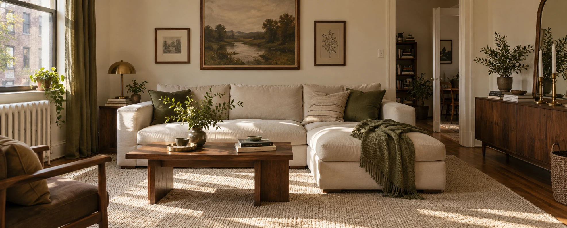 A rental living room in late afternoon light: cream walls and a cream sofa, sage curtains and a sage rug, and three small hits of deep red in a pillow, a vase and a stack of books.