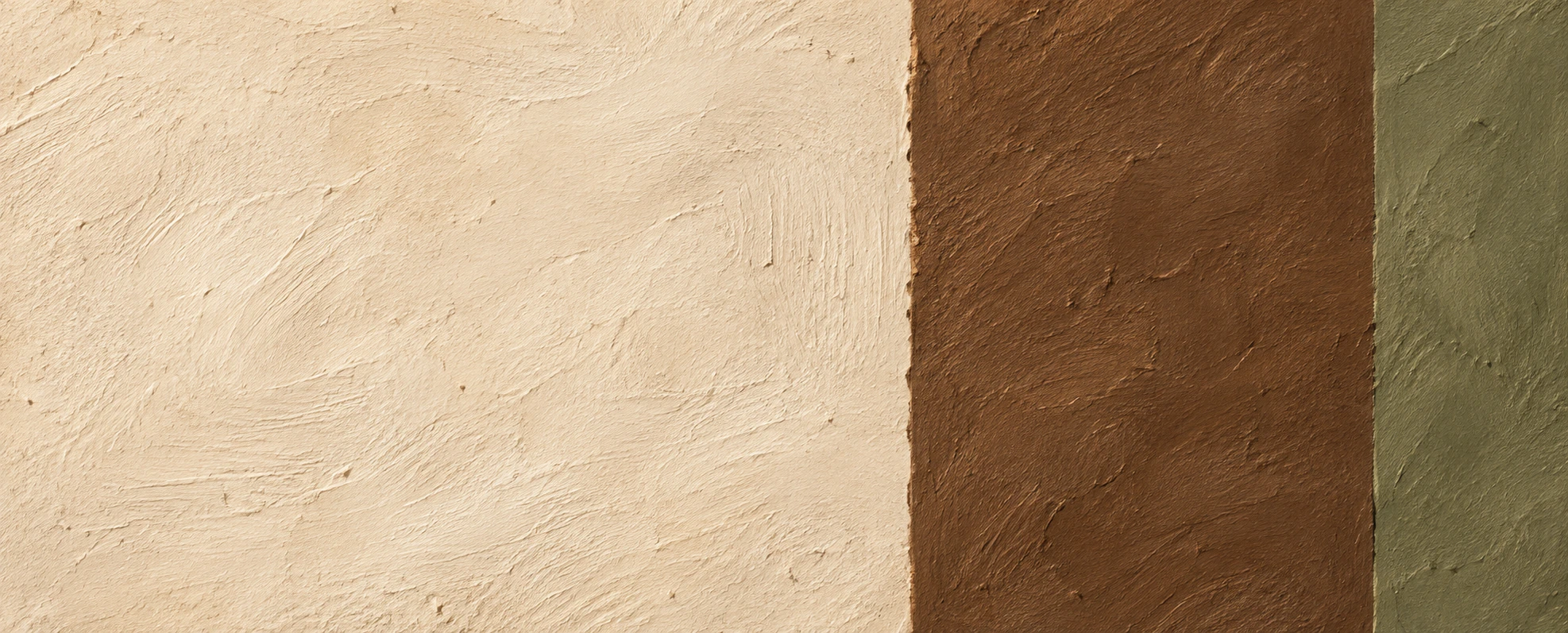 Three wide vertical bands of paint texture side by side: a broad cream band, a narrower sage band, and a thin deep red band at the end.