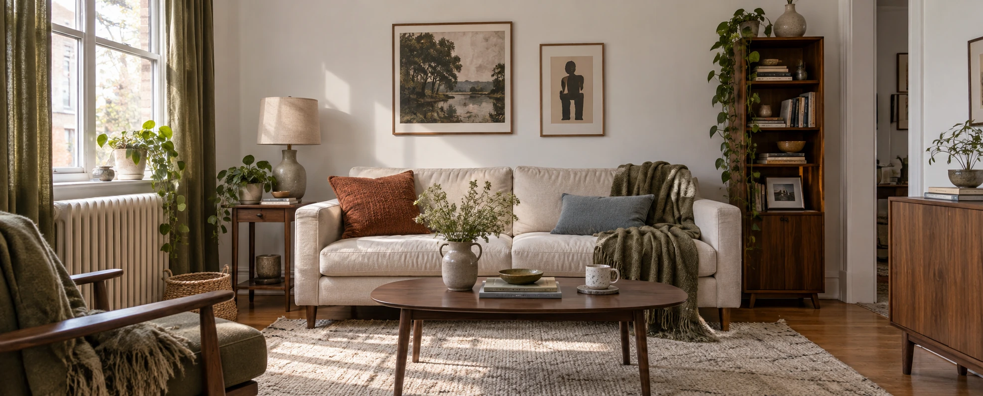The same rental living room with plain white walls, where the color arrives through olive curtains, an olive armchair, a folded throw and two pillows.