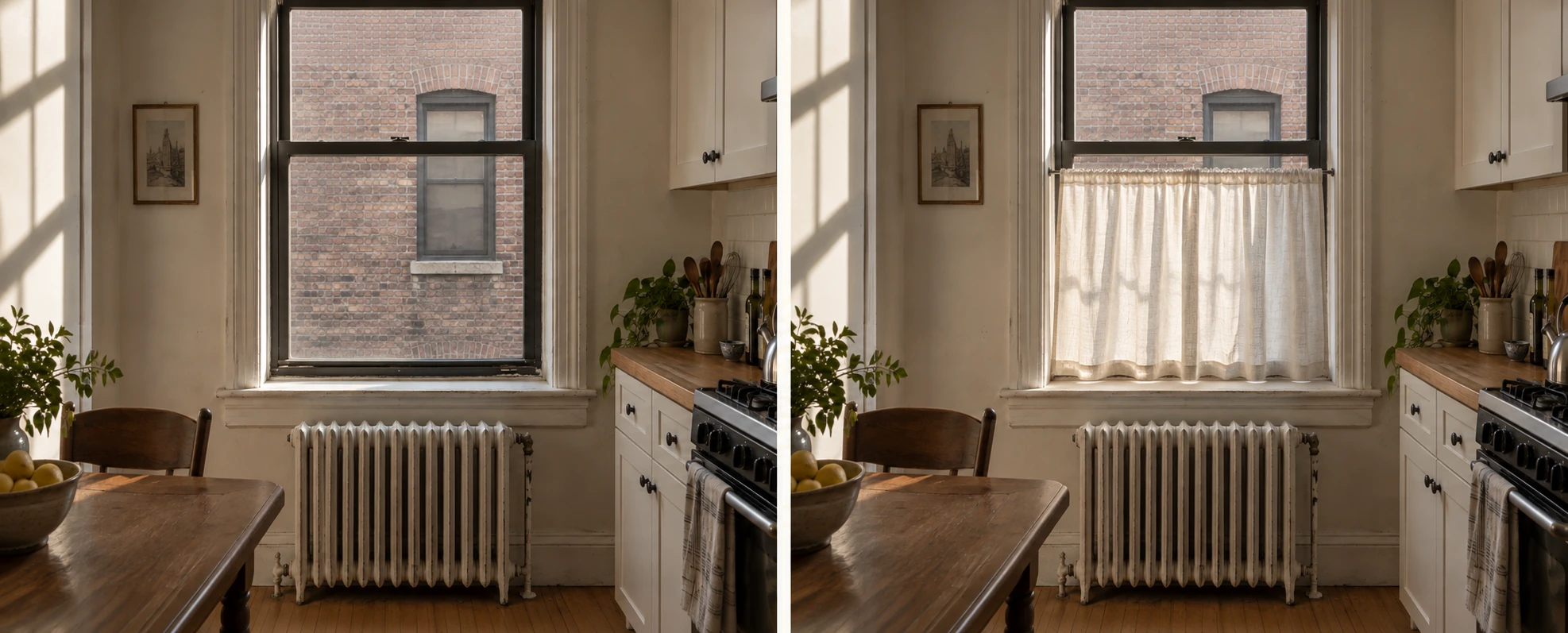 The same kitchen window twice: on the left bare glass looking straight out at a brick wall, on the right a half height linen cafe curtain across the lower sash on a tension rod, with the top half of the window still open to the sky.
