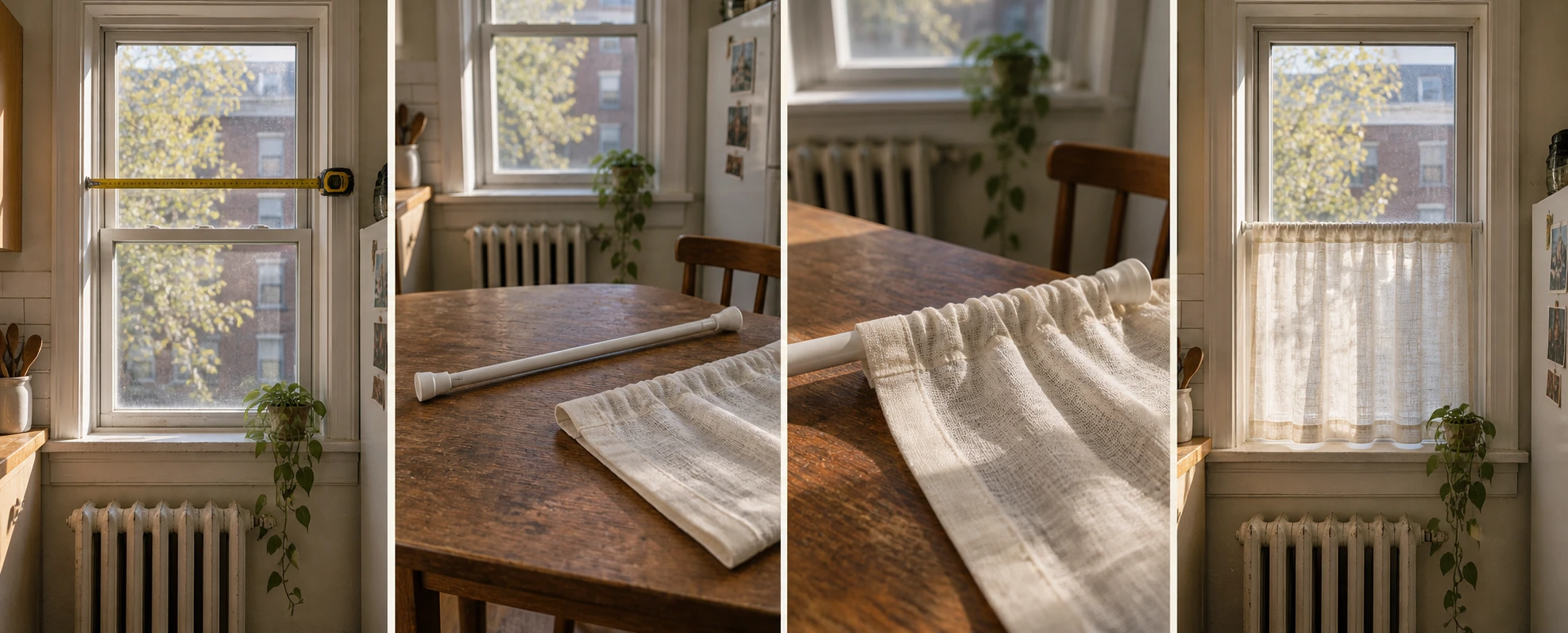 Four panels in a row: a tape measure held across the inside of a window opening, two hands twisting a tension rod to length, a linen panel being threaded onto the rod through its pocket, and the rod being pressed into the jamb at half window height.