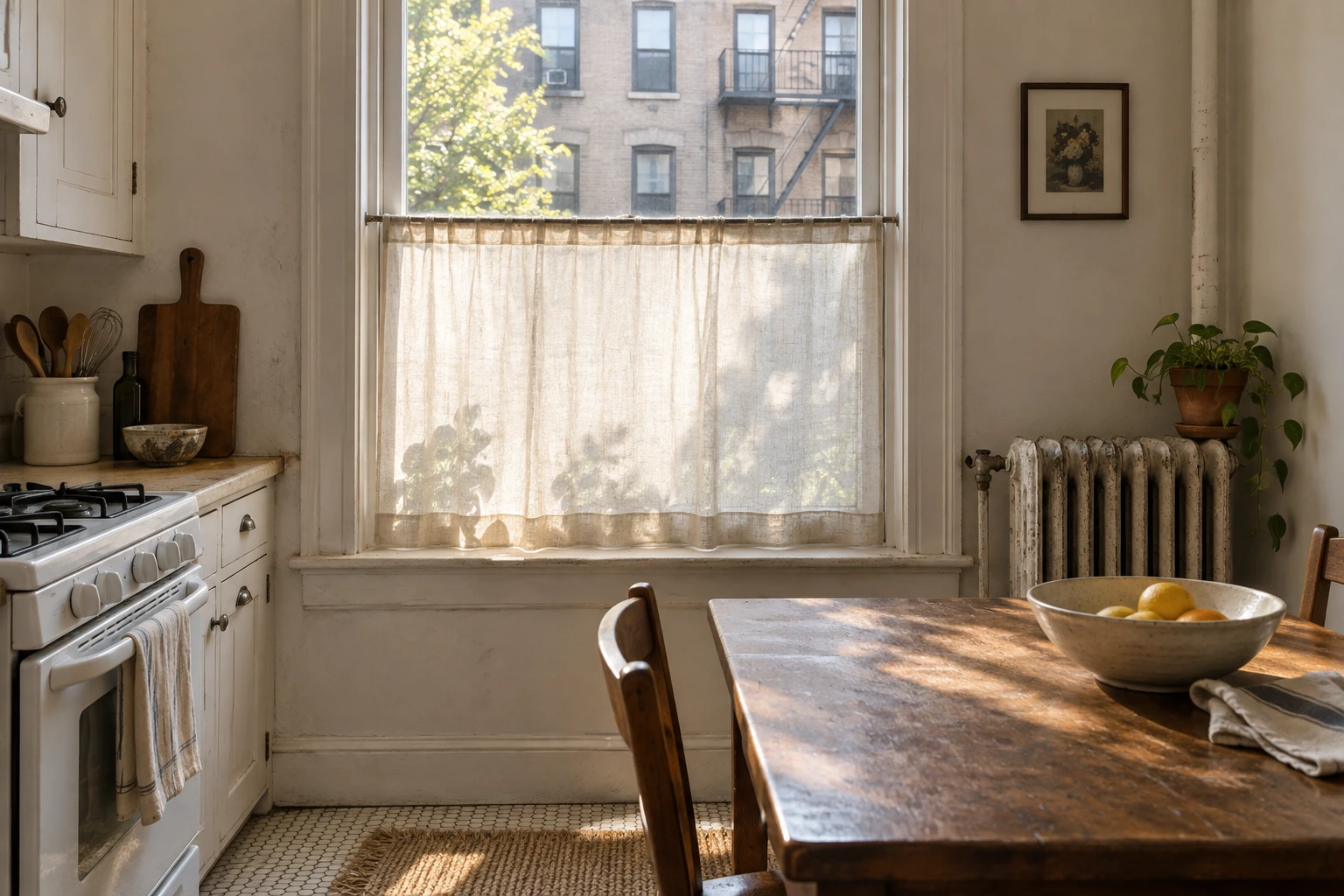 A kitchen counter lit by daylight coming over the top of a half height cafe curtain, the lower sash screened and the upper sash clear.