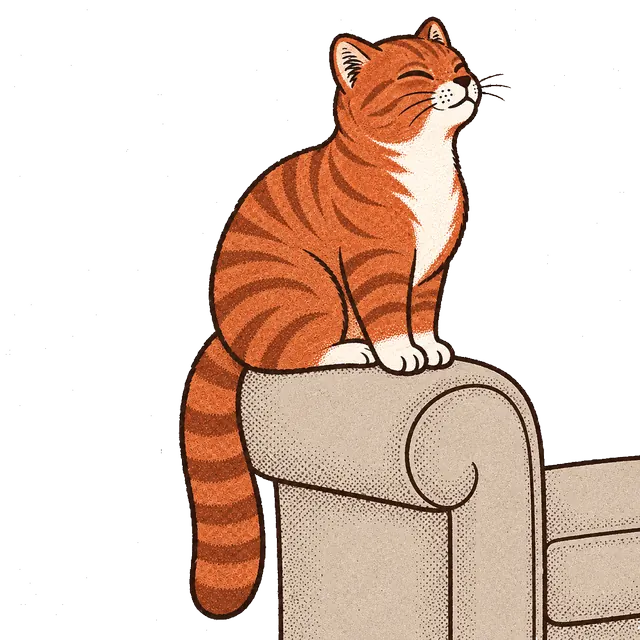 Chenille, an orange tabby cat, perched on the rolled arm of an upholstered sofa.
