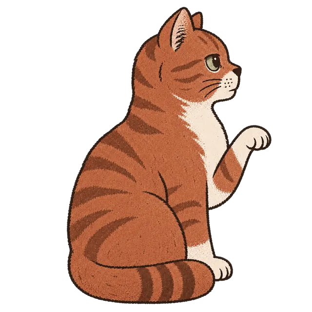 Chenille, the site cat, an orange tabby sitting in profile with one front paw raised, as though about to make a point.
