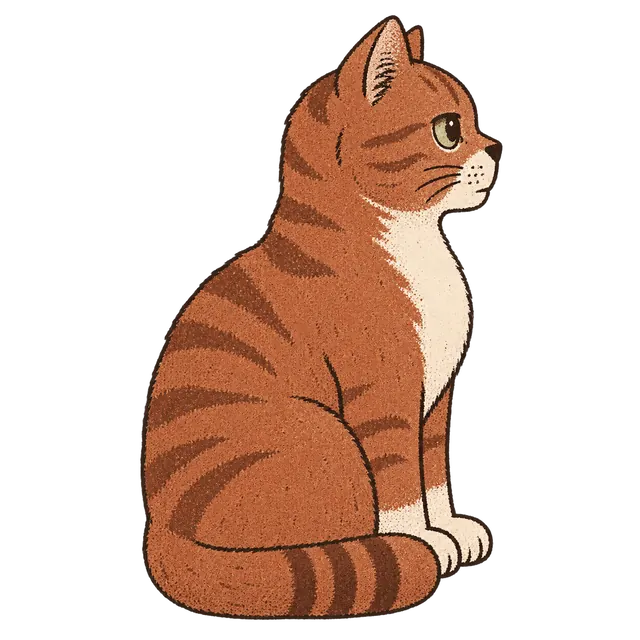 Chenille, the site cat, sitting turned side on and looking away from you.