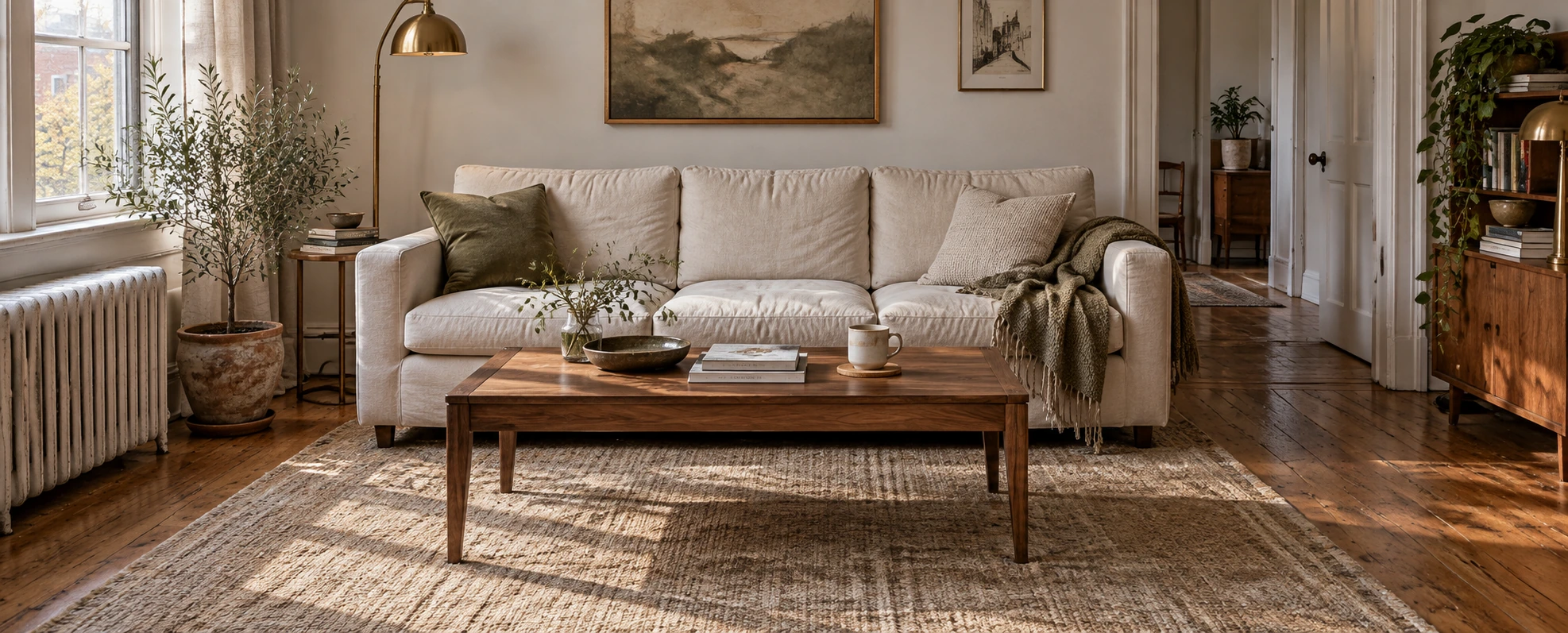 A rented living room seen straight on: a cream sofa, a walnut coffee table about two thirds its length, and a jute rug running under the front legs of both.