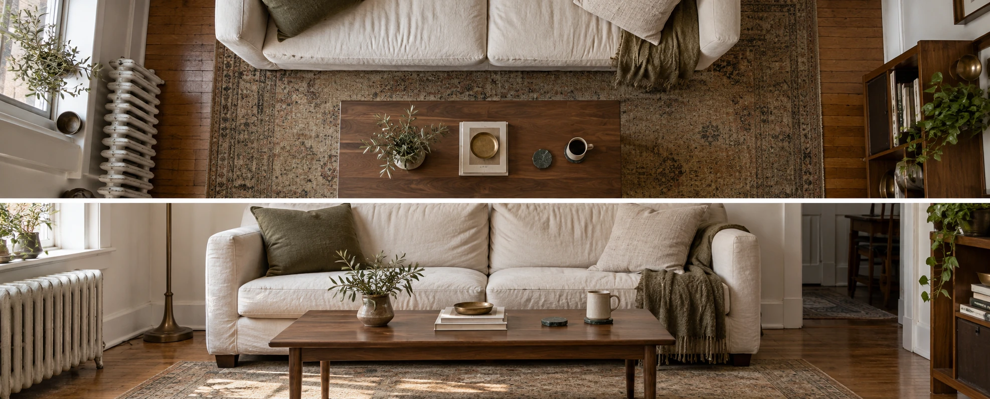 Two views of the same sofa and coffee table. Above, seen from overhead, the table runs about two thirds the length of the sofa. Below, seen from the side, the table top sits level with the seat cushion.