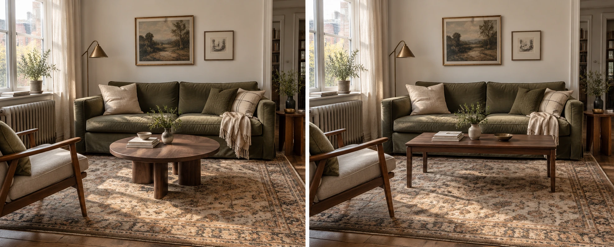 The same living room solved twice, side by side: a round table on the left and a rectangular one on the right, with the walkway visible around each.