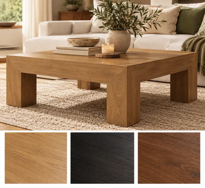 Square, on block legs, shown in yellow brown with its other finishes as squares underneath.