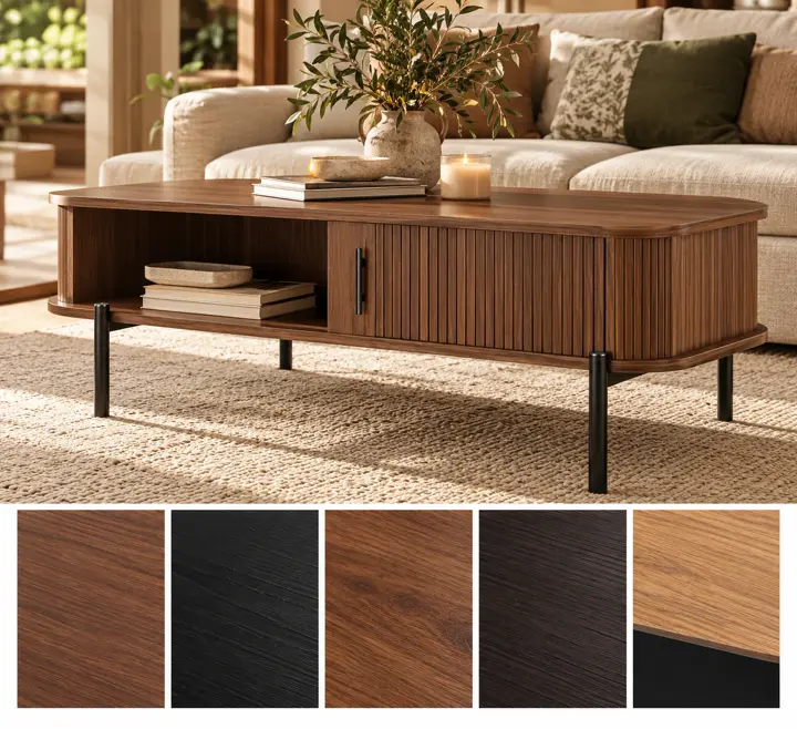 Sliding fluted door, open shelf, shown in walnut with its other finishes as squares underneath.