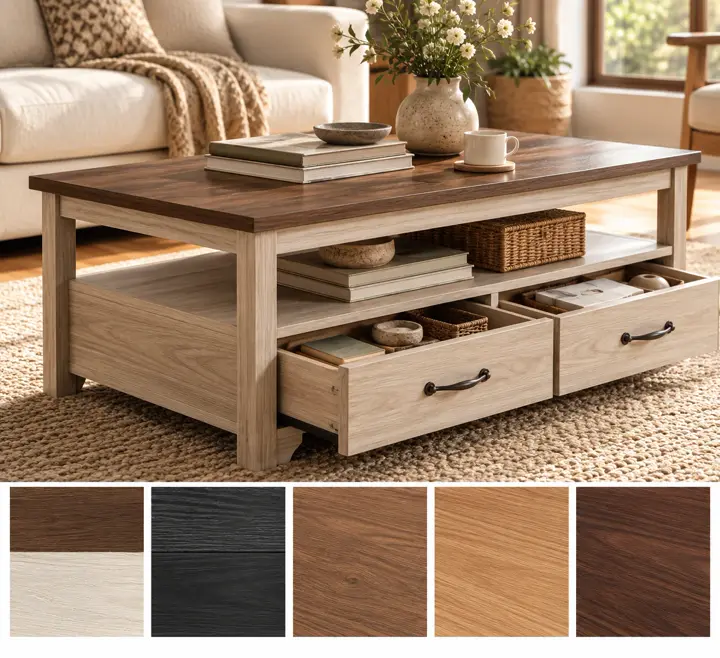 Two drawers, open display, shown in oak and brown with its other finishes as squares underneath.