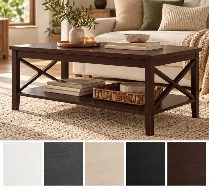 X sides, shelf underneath, shown in espresso with its other finishes as squares underneath.