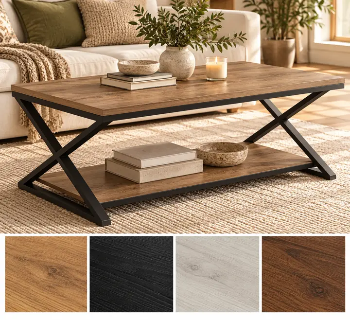 Metal X frame, shelf underneath, shown in rustic oak with its other finishes as squares underneath.