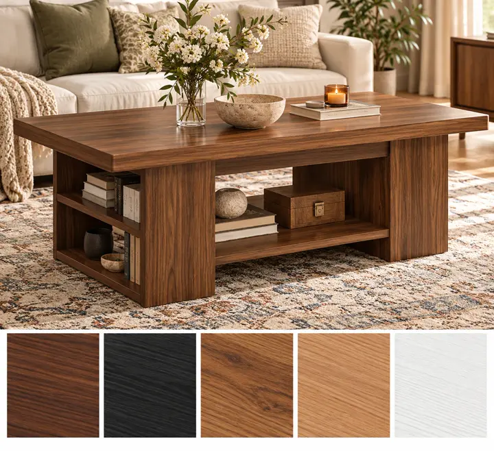 Shelves underneath and at both ends, shown in walnut with its other finishes as squares underneath.