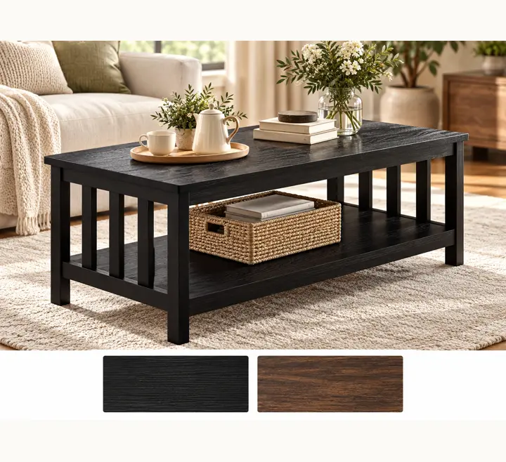 Slatted sides, shelf underneath, shown in black with its other finishes as squares underneath.