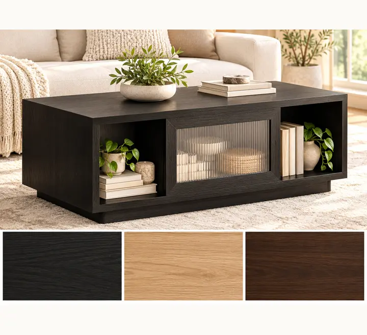 Sliding doors, open cubbies, shown in black oak with its other finishes as squares underneath.
