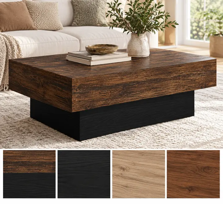 Slab top on a black base, shown in rustic brown and black with its other finishes as squares underneath.