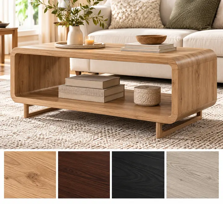 Rounded ends, open shelf, shown in natural oak with its other finishes as squares underneath.