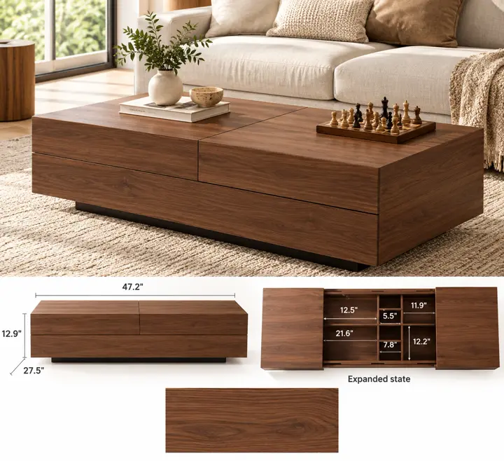 Top slides open, storage inside, shown in walnut with its other finishes as squares underneath.