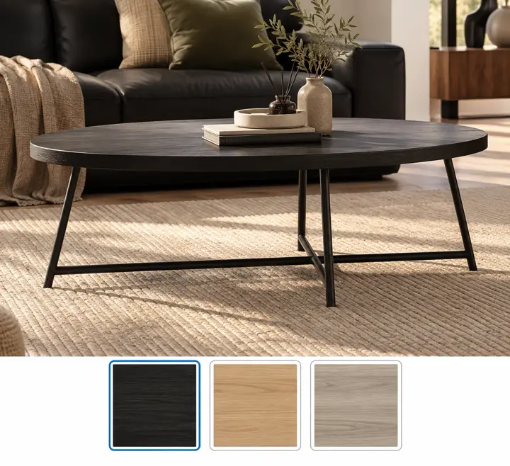 Thin top, splayed metal legs, shown in black with its other finishes as squares underneath.