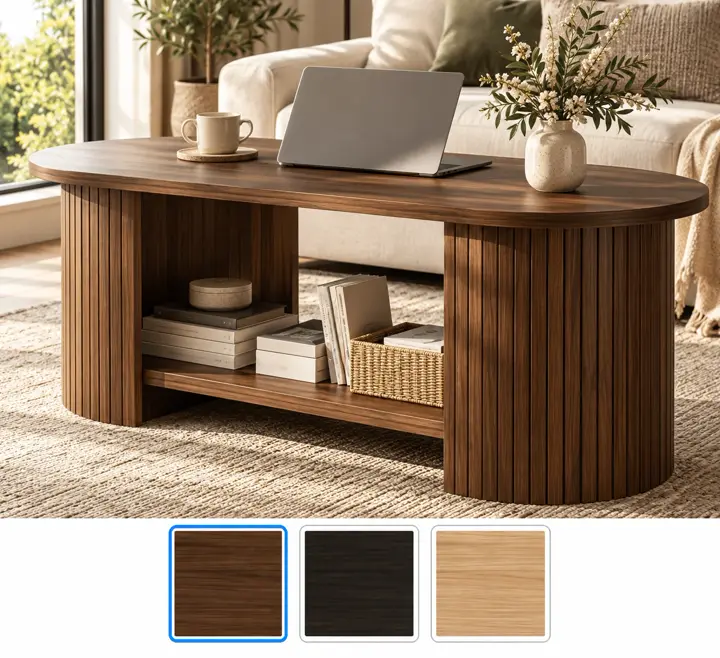 Fluted ends, open shelf, shown in walnut with its other finishes as squares underneath.