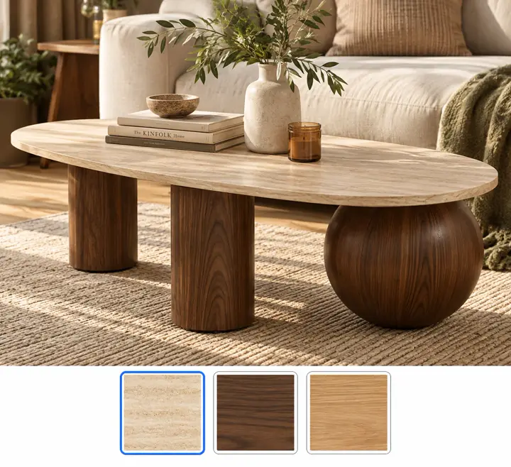 Pebble top, one ball leg, shown in beige wood with its other finishes as squares underneath.