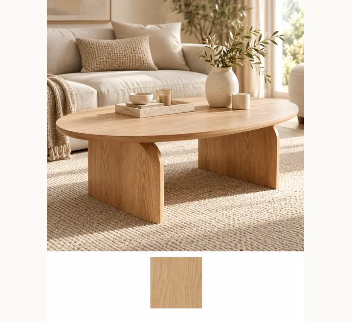 Slab legs, clean top, shown in natural with its other finishes as squares underneath.