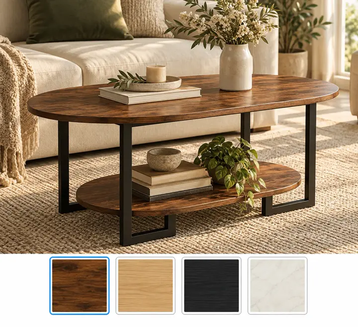 Metal frame, lower shelf, shown in rustic brown with its other finishes as squares underneath.