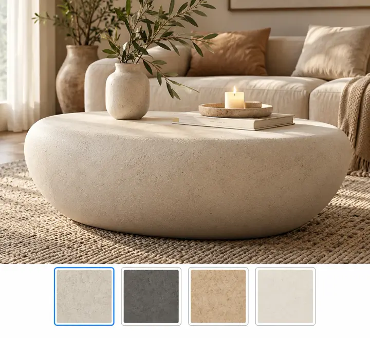 Pebble shape, solid to the floor, shown in cream white with its other finishes as squares underneath.