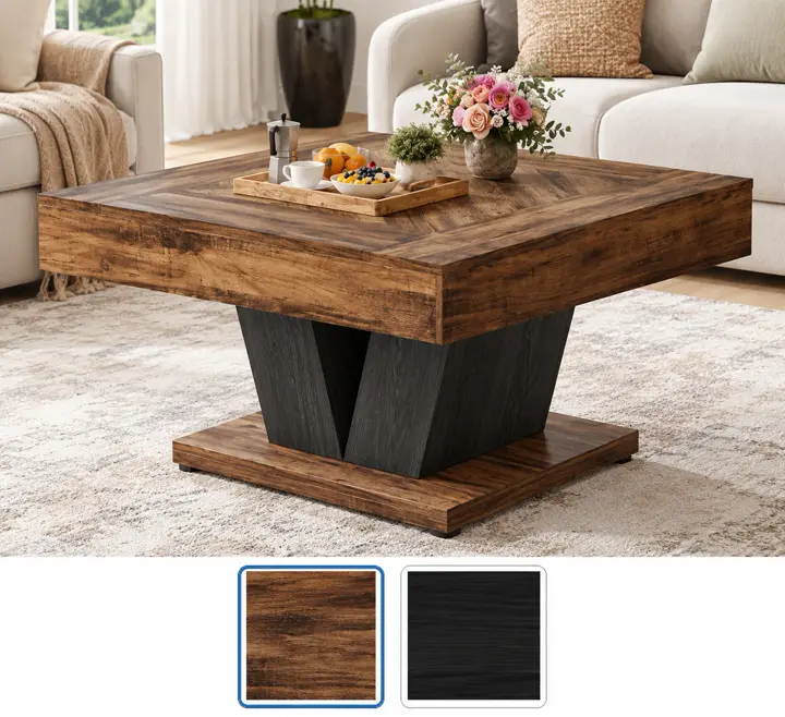 Pedestal square, shown in rustic brown and black with its other finishes as squares underneath.
