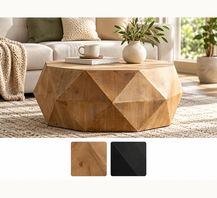 Faceted drum, solid to the floor, shown in natural with its other finishes as squares underneath.