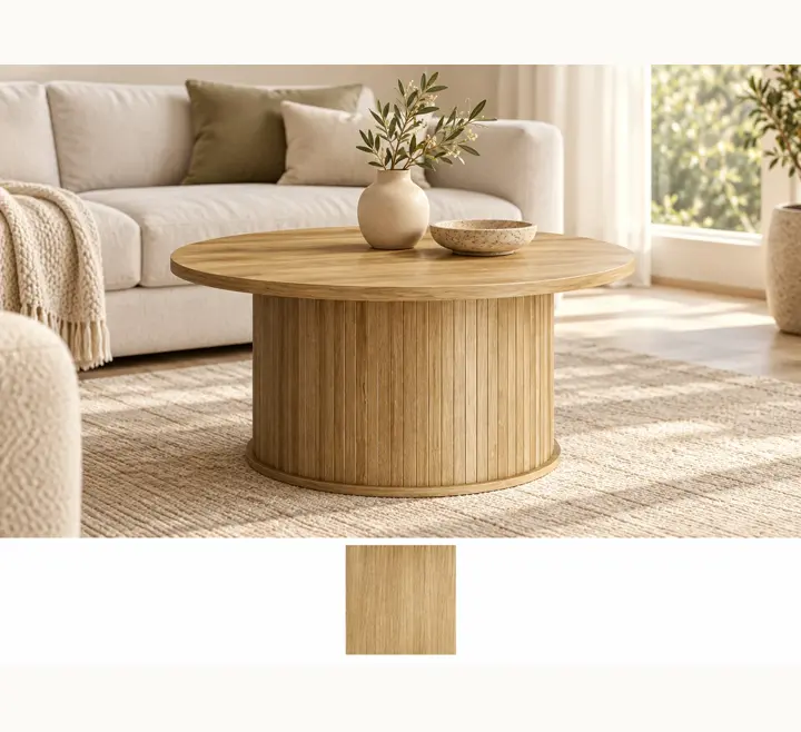 Fluted drum base, shown in natural brown with its other finishes as squares underneath.