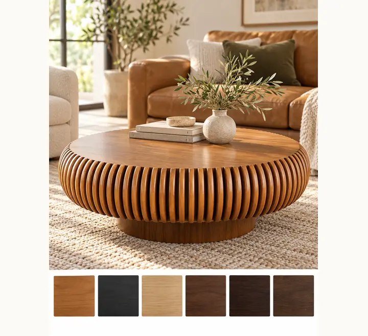 Ribbed edge on a pedestal, shown in brown with its other finishes as squares underneath.