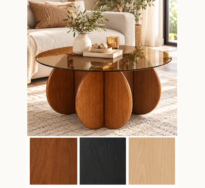 Tinted glass top, wood petals, shown in walnut with its other finishes as squares underneath.