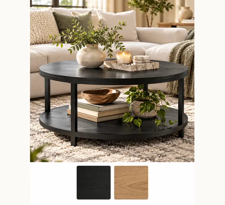 Open shelf underneath, shown in black with its other finishes as squares underneath.