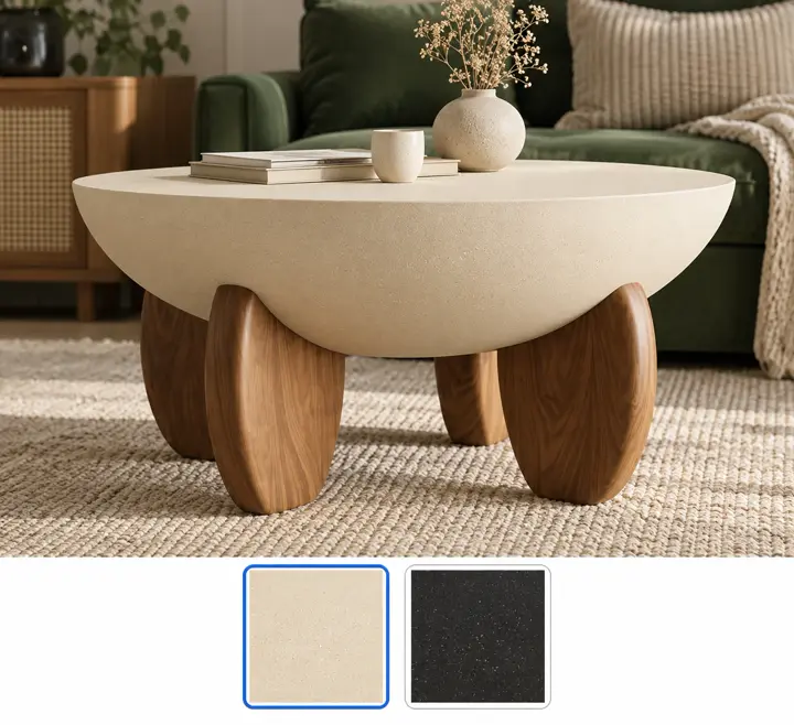 Concrete look on wood legs, shown in beige with its other finishes as squares underneath.
