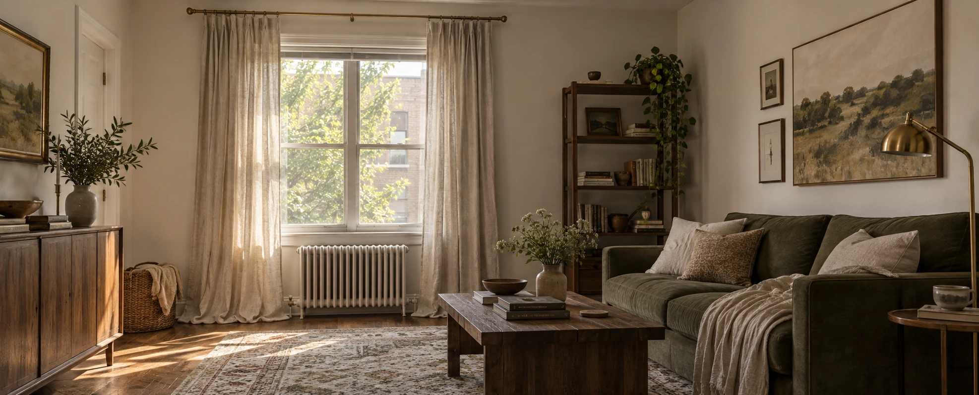 A rented window with the curtain rod mounted high above the frame and the brackets set wide past it, so the open panels hang on wall instead of over the glass.