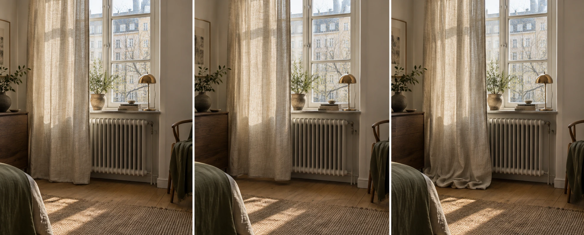 Three hems on the same window: a panel just brushing the floor, one stopping half an inch above it, and one with a few inches of fabric pooled on the boards.