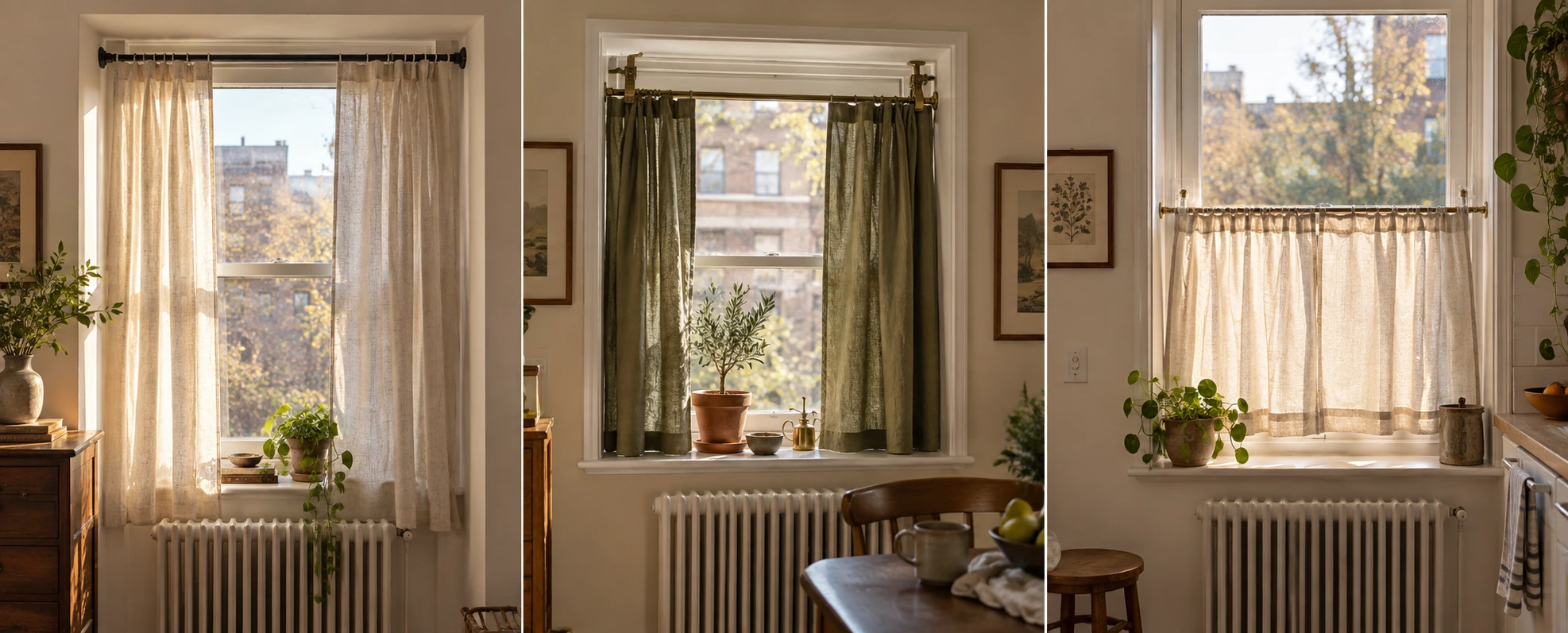 Three no-drill options side by side: a tension rod set inside the window recess, a bracket clipped onto the frame molding, and an adhesive hook carrying a light rod.