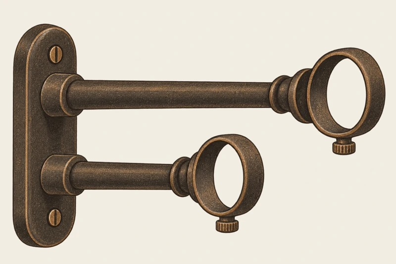 A double curtain rod bracket: one wall plate with two arms reaching out, a short one and a long one, each ending in a ring that holds a rod.