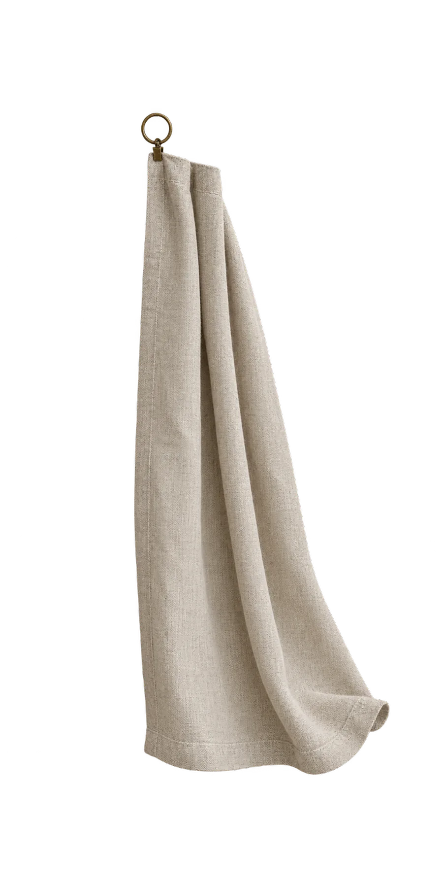 An oatmeal linen curtain hanging to the floor against a window, the weave open enough to read against the light, with two soft creases still in it.
