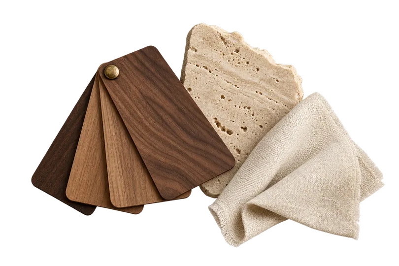 Six material samples laid out on a table: a folded square of oatmeal linen, a walnut offcut, a piece of cream wool weave, a small brass plate, a shard of unglazed terracotta and a limewashed board.