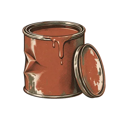 A small paint tin with a wet brush resting on the rim.